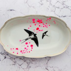 Wandteller Platte Herr Fuchs Schwalbe Wohnen 22cm neonpink Kleckse vintage Bögen