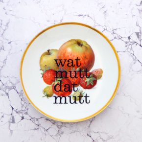 Wandteller Typo wat mutt dat mutt Herr Fuchs 19cm Gold Obst vintage plattdeutsch