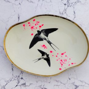 Wandteller Platte Herr Fuchs Schwalbe gold Wohnen 28/20cm neonpink Kleckse vintage