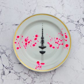 Wandteller Herr Fuchs Hamburger Fernsehturm Gold Punkte 19cm neonpink Kleckse