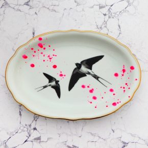 Wandteller Platte Herr Fuchs Schwalbe gold Wohnen 28/18cm neonpink Kleckse vintage Bögen