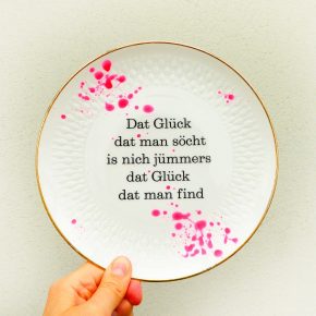 Wandteller Glück Typo Herr Fuchs neon Punkte Kleckse pink gold vintage plattdeutsch 19cm