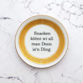 Wandteller Snacken köönt Typo Herr Fuchs mini 11cm gold plattdeutsch vintage