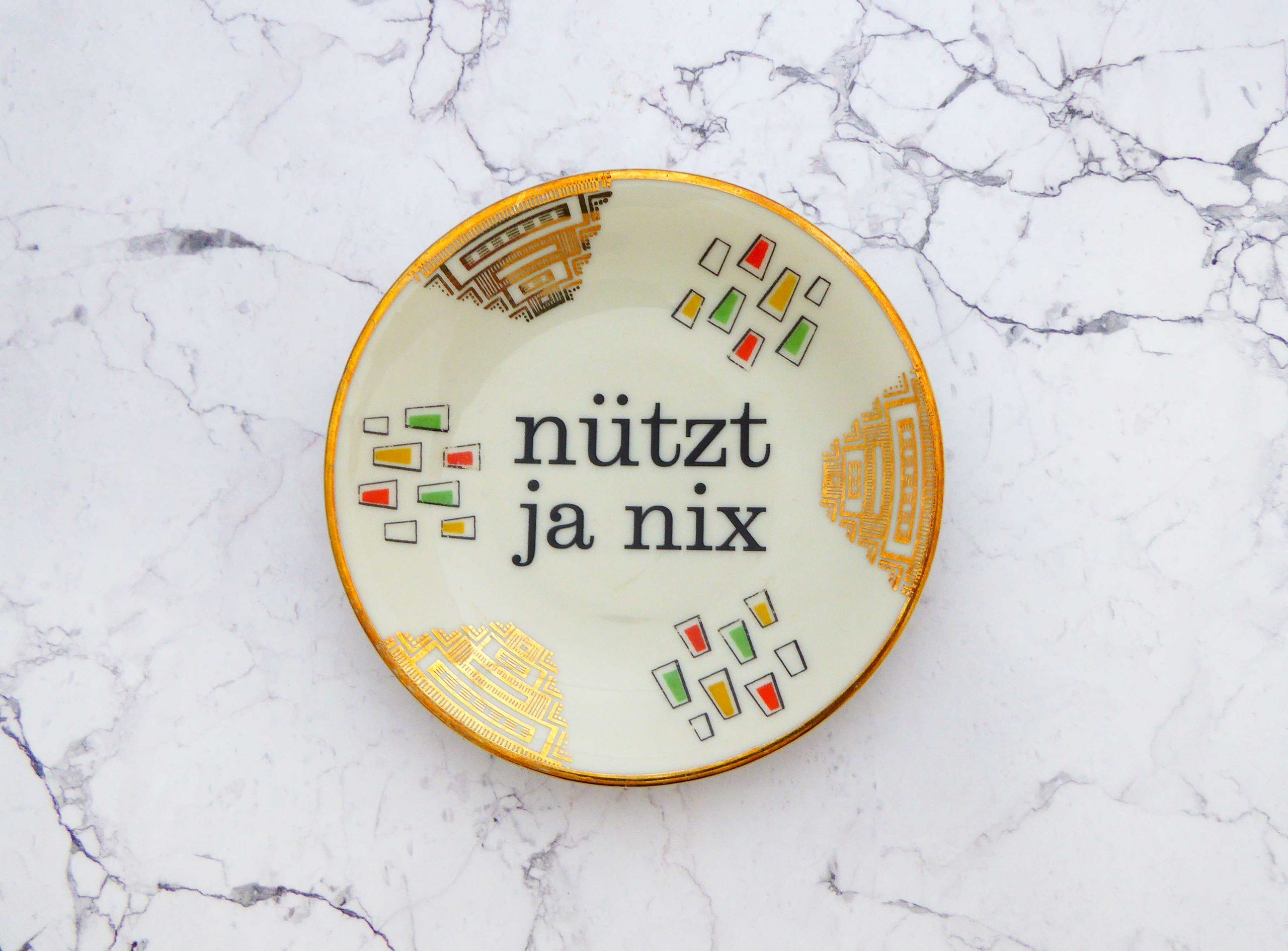 Wandteller Typo nützt ja nix Herr Fuchs mini 10cm Gold Muster vintage