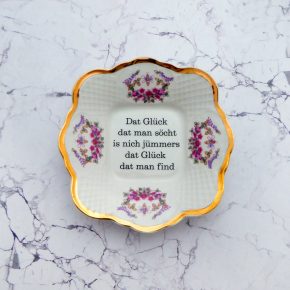 Wandteller Herr Fuchs Typo Glück Gold plattdeutsch Biene Blumen eckig 16 vintage