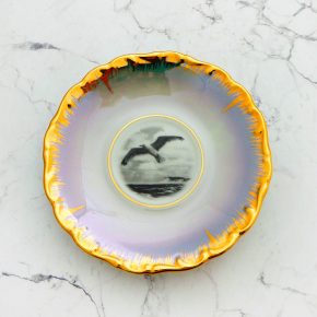 Wandteller Möwe lila/türkis Goldrand vintage Herr Fuchs Metallic 12cm Meer