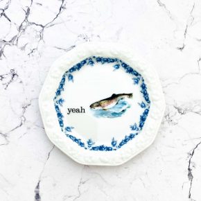 Wandteller Herr Fuchs yeah Typo Fisch mini 10cm Blau vintage Wohnen Meer eckig