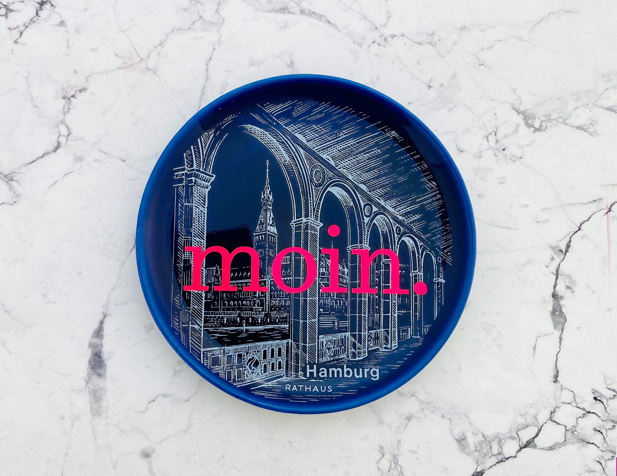 Wandteller Typo moin. vintage Herr Fuchs mini neonpink blau 10cm HH Hamburg Rathaus