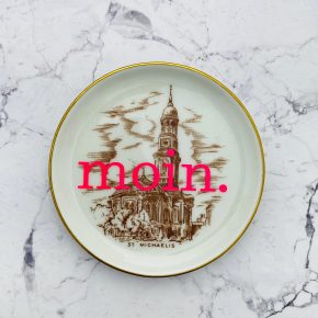Wandteller Typo moin. vintage Herr Fuchs mini Michel neonpink 10cm St. Michaelis Kirche Hamburg