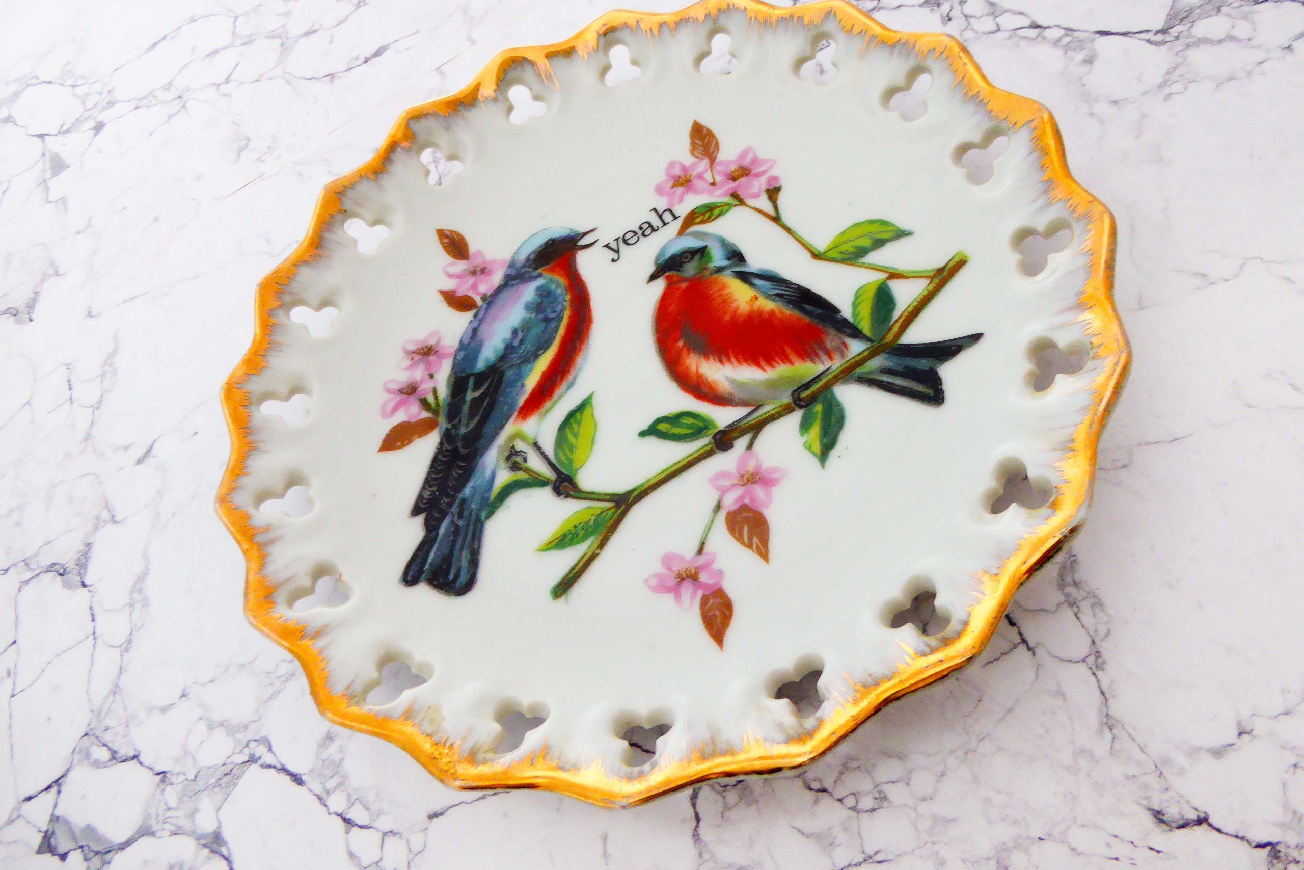 Wandteller Vogel Typo yeah Herr Fuchs vintage 19cm gold Wohnen Hüttensänger – Bild 2