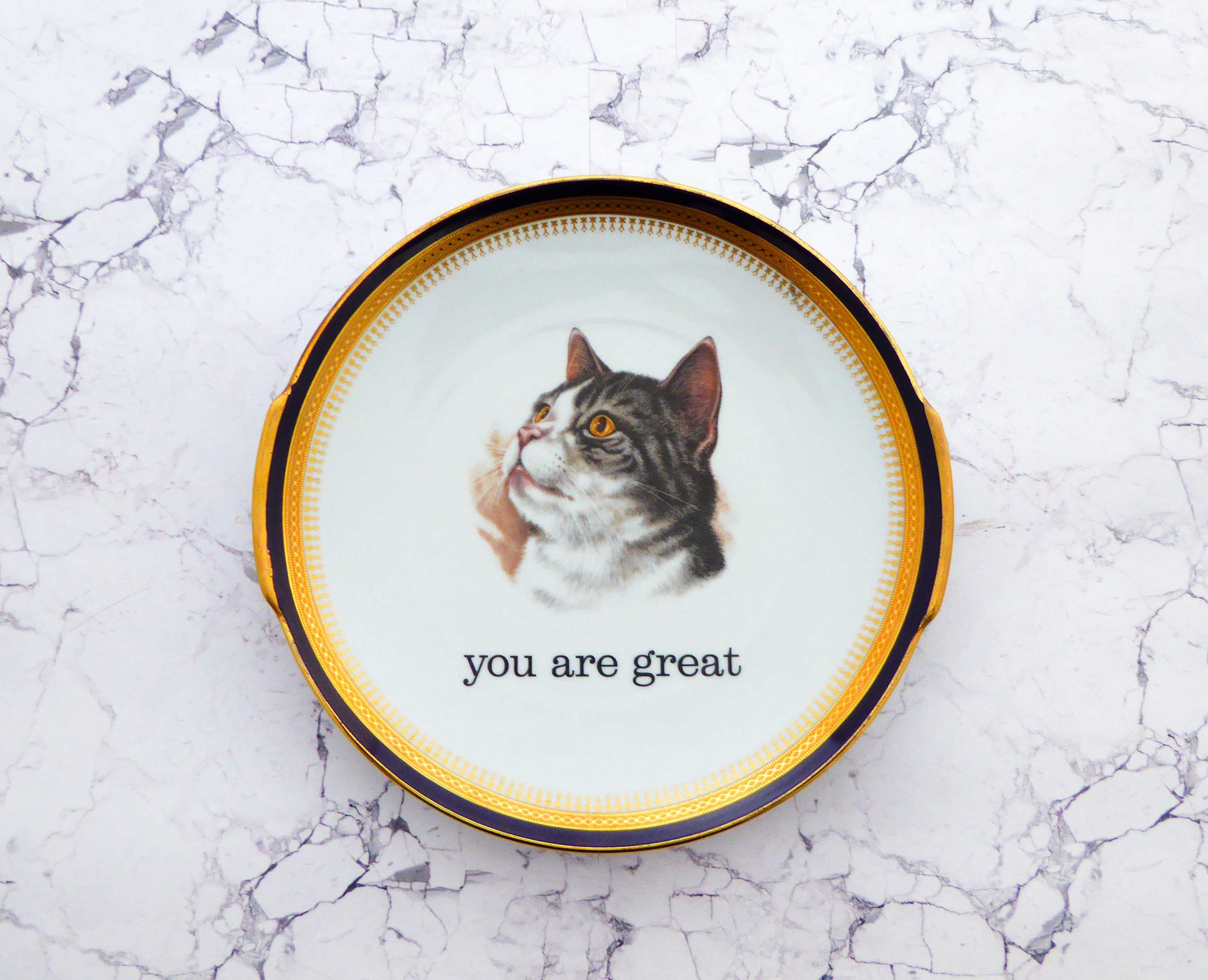 Wandteller Platte you are great Typo Katze Herr Fuchs Gold 26cm vintage Blau
