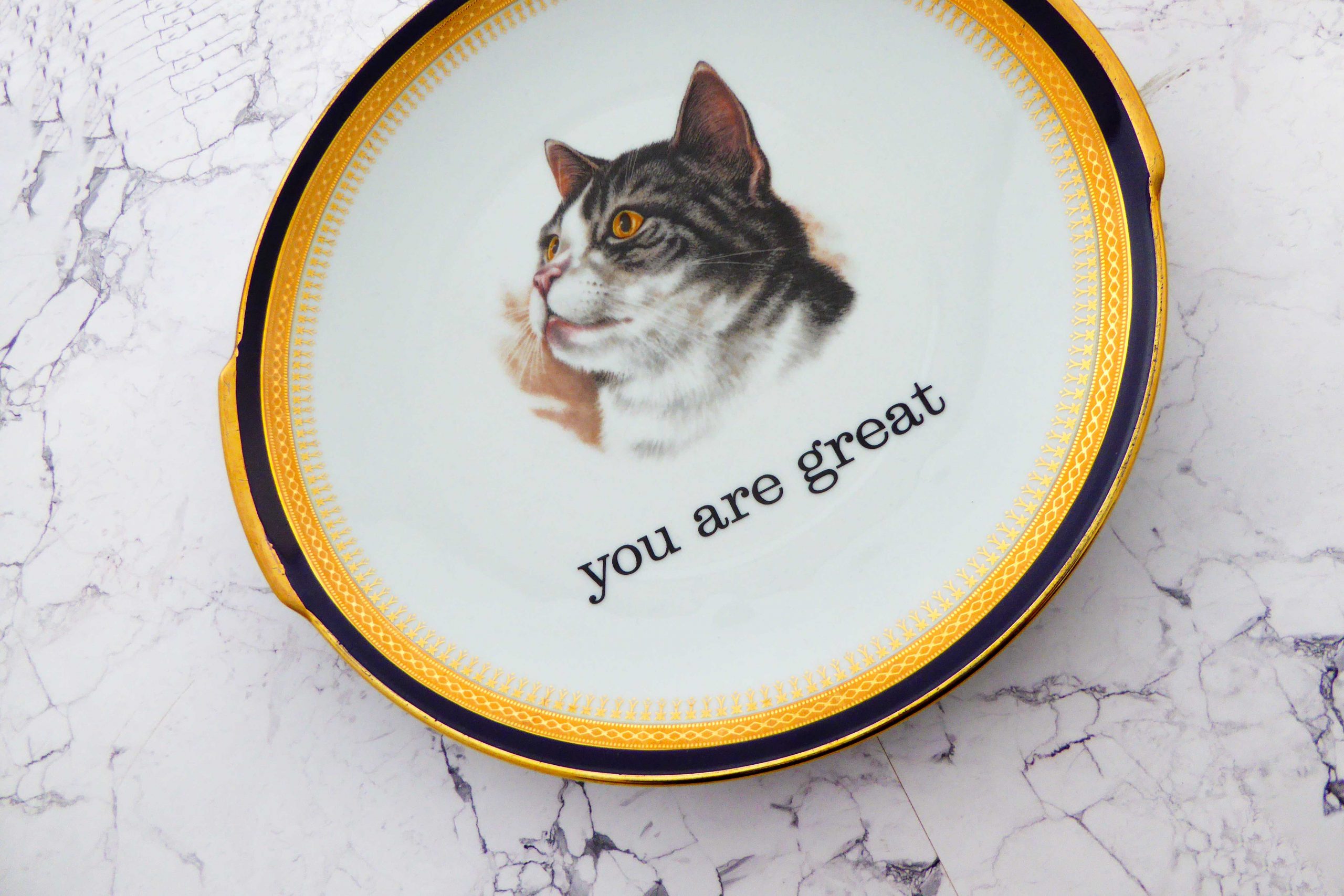 Wandteller Platte you are great Typo Katze Herr Fuchs Gold 26cm vintage Blau – Bild 2