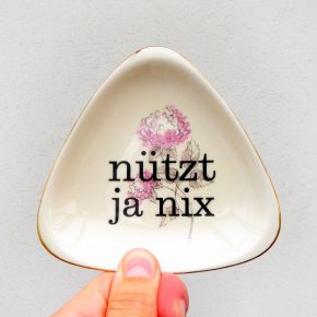 Wandteller Typo nützt ja nix Herr Fuchs mini 9cm Gold Blumen eckig vintage rosa