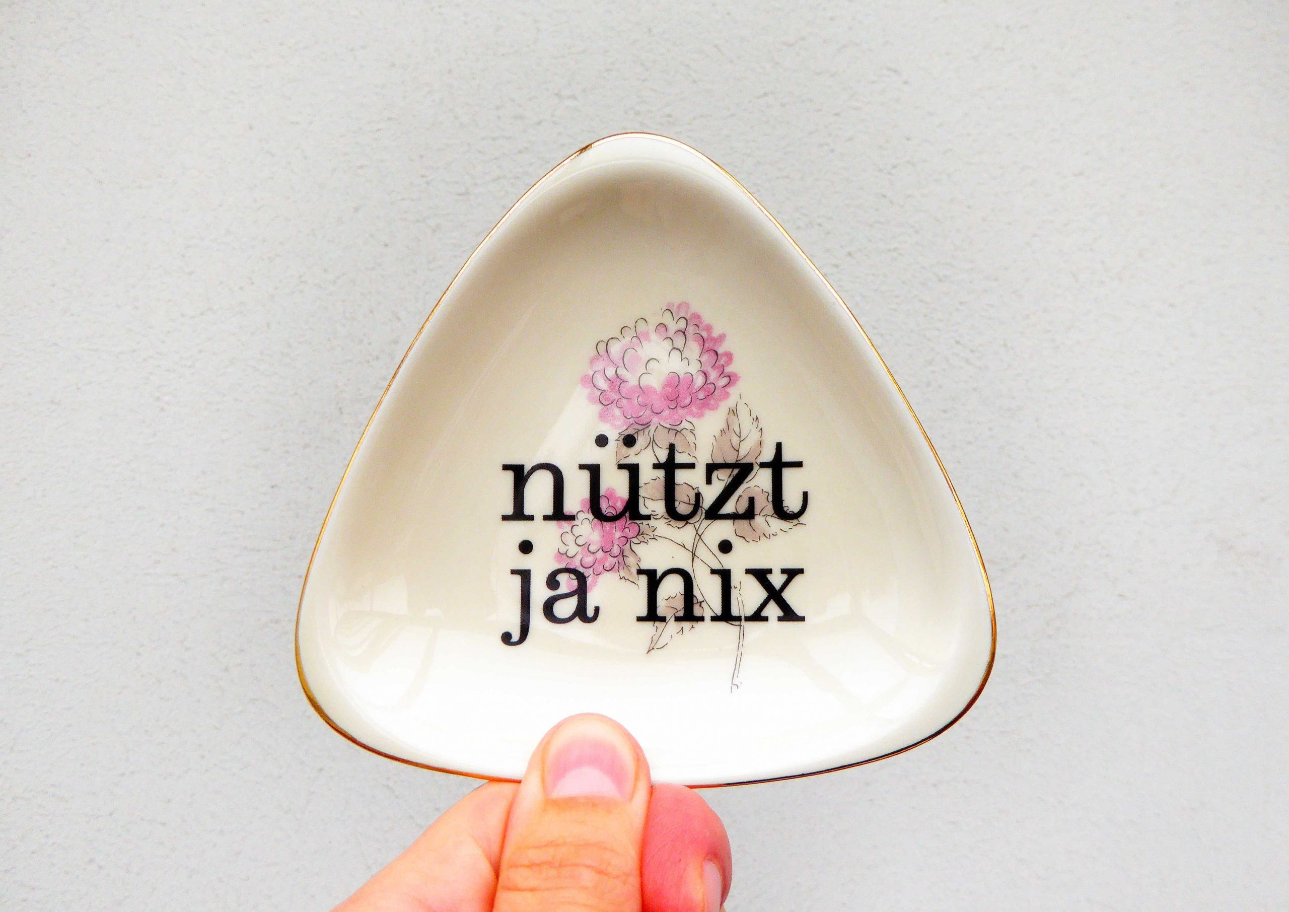 Wandteller Typo nützt ja nix Herr Fuchs mini 9cm Gold Blumen eckig vintage rosa