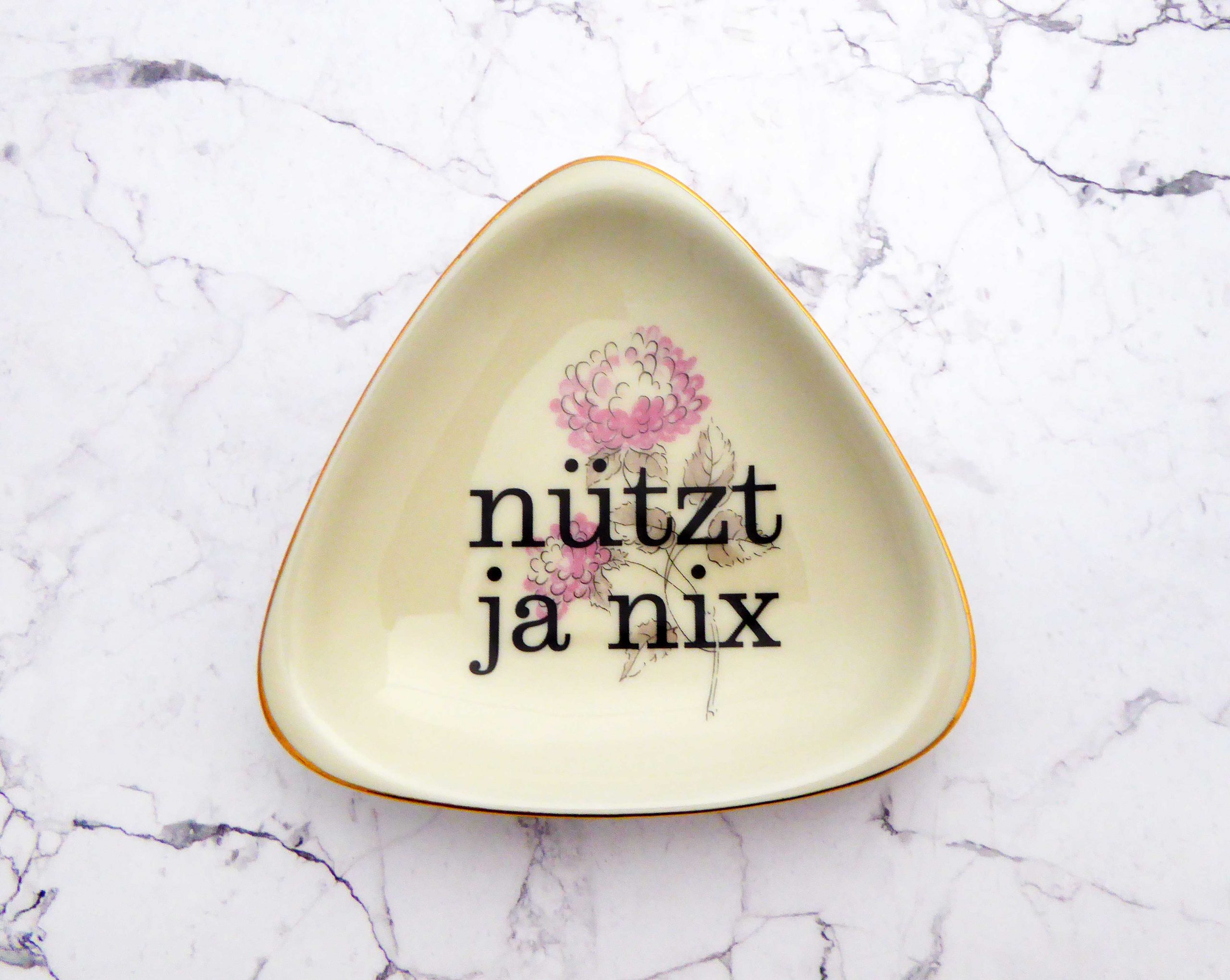 Wandteller Typo nützt ja nix Herr Fuchs mini 9cm Gold Blumen eckig vintage rosa – Bild 2