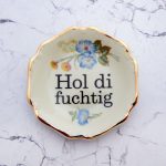 Wandteller Hol di fuchtig Typo Herr Fuchs mini 11cm Gold Blau Blume plattdeutsch vintage