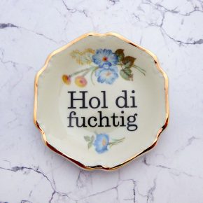 Wandteller Hol di fuchtig Typo Herr Fuchs mini 11cm Gold Blau Blume plattdeutsch vintage