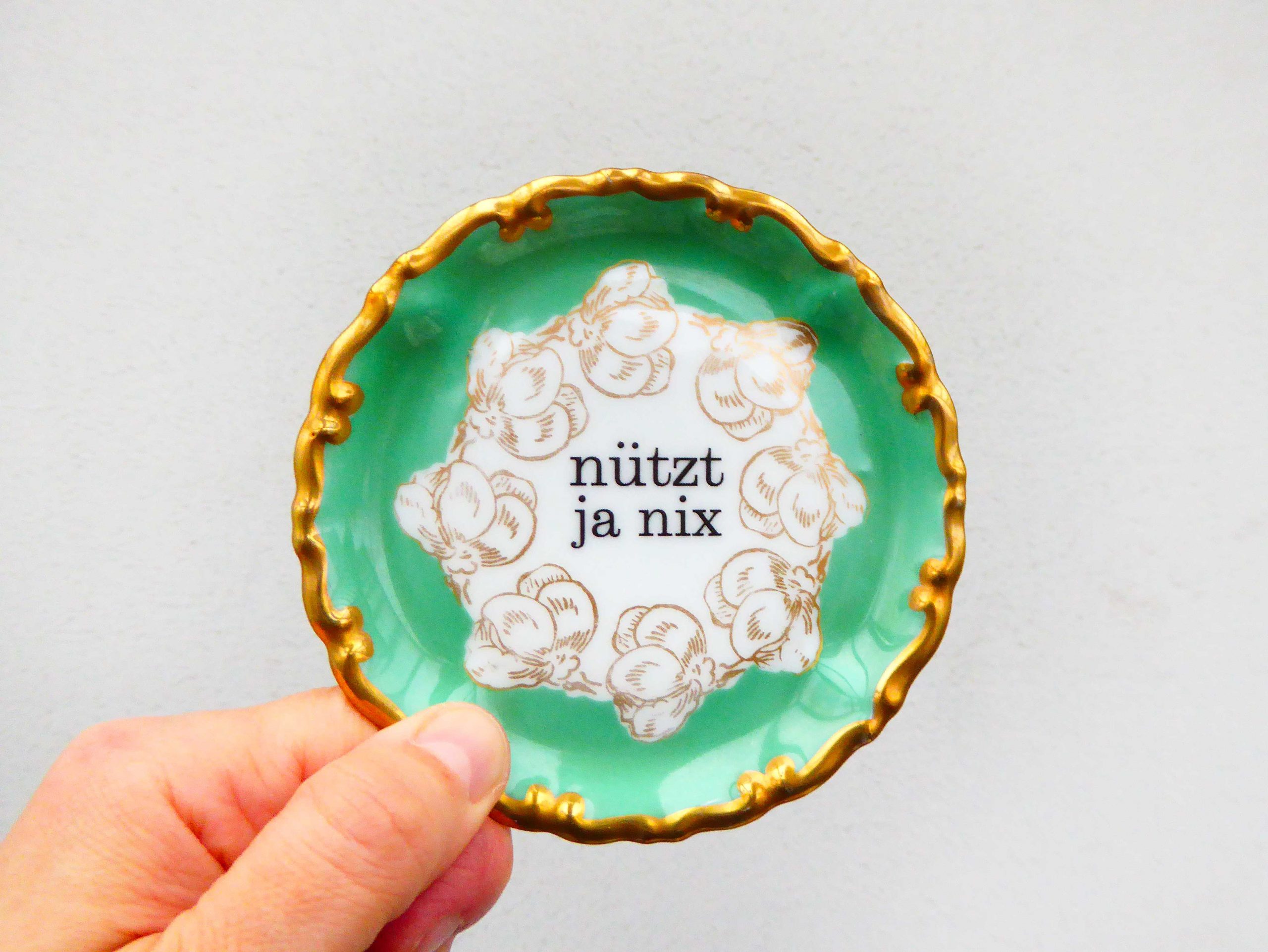 Wandteller Typo nützt ja nix Herr Fuchs mini 10cm Gold Blumen Mint vintage – Bild 2