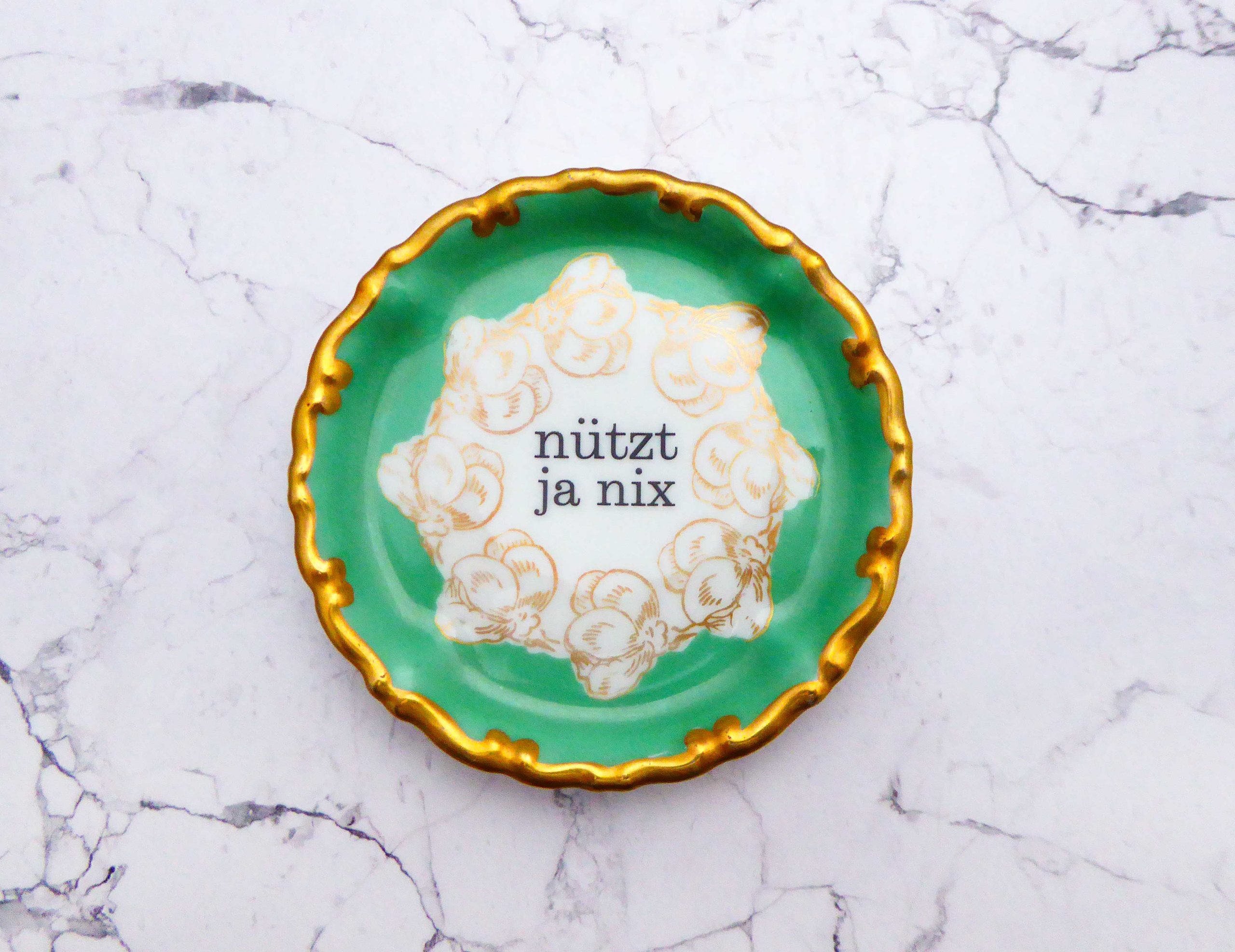 Wandteller Typo nützt ja nix Herr Fuchs mini 10cm Gold Blumen Mint vintage