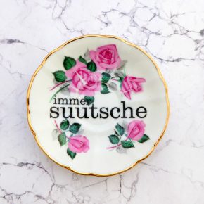 Wandteller Typo suutsche vintage Herr Fuchs Teller Gold Blumen Wohnen 14cm plattdeutsch Rosa