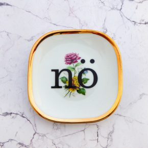 Wandteller nö Typo Herr Fuchs mini 10cm gold bunt Blume Schnack vintage nein eckig