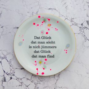 Wandteller Glück Typo Herr Fuchs neon Punkte Kleckse pink gold vintage plattdeutsch 19cm Bunt