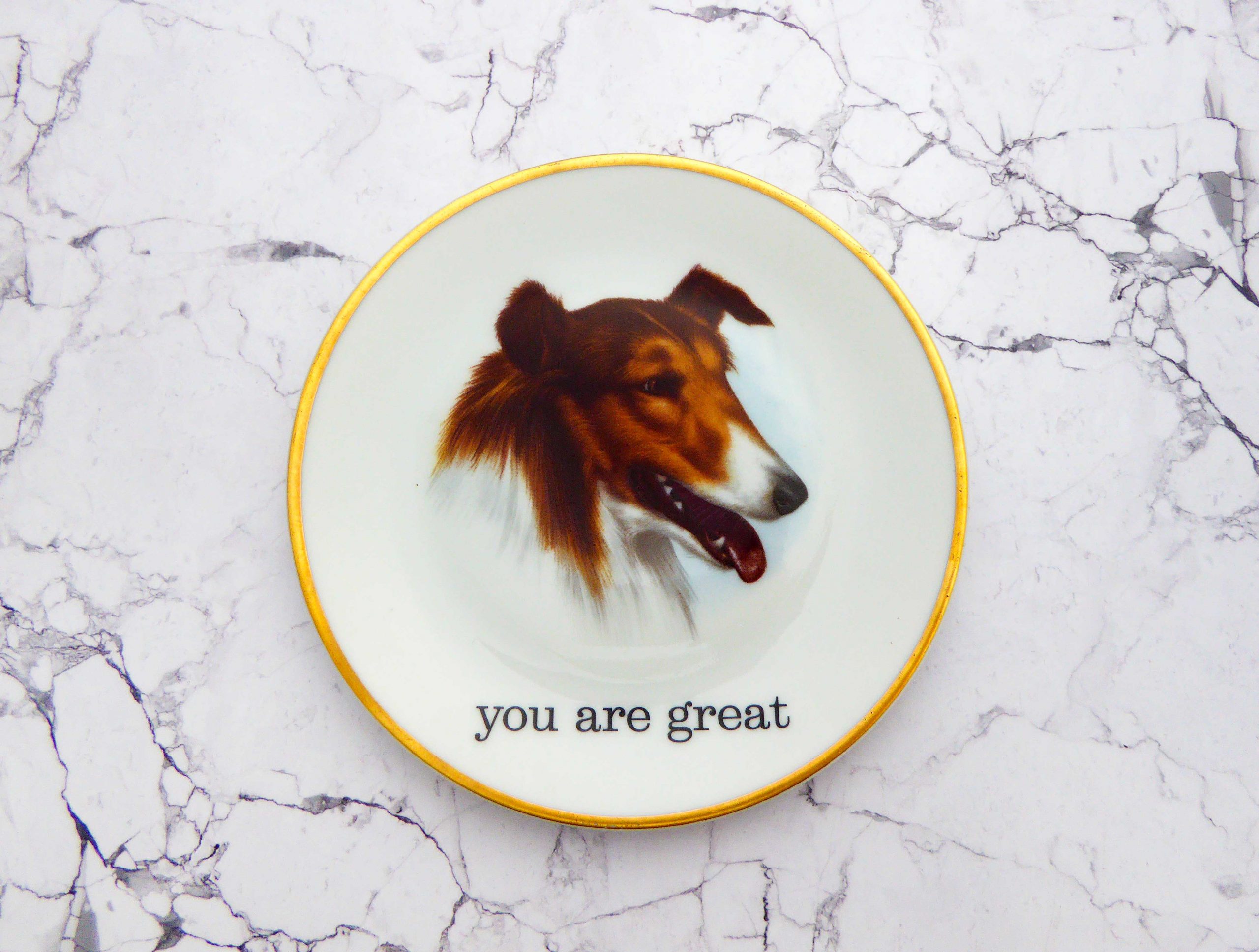 Wandteller Herr Fuchs Typo you are great Hund 15cm wohnen vintage Lassie Gold