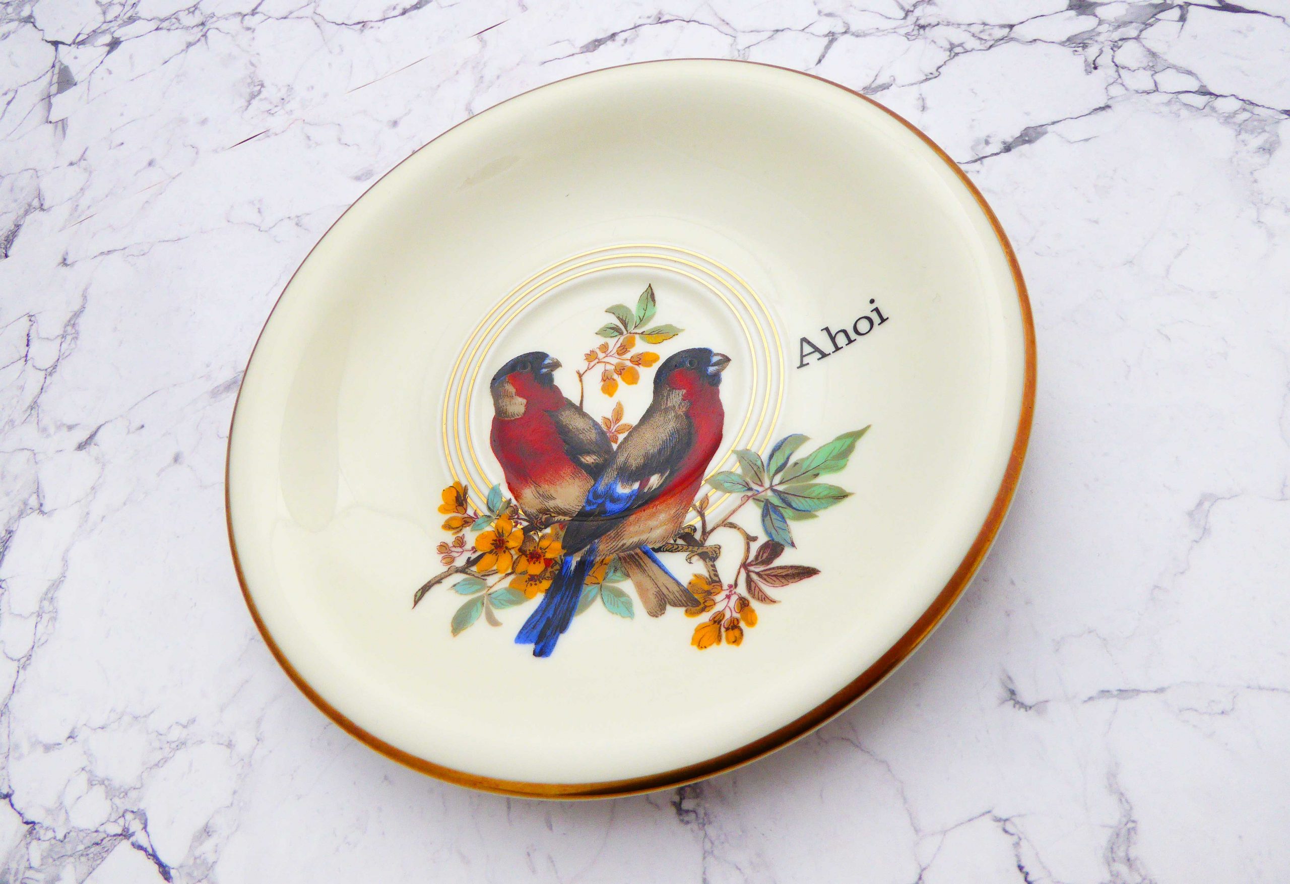 Wandteller Herr Fuchs Ahoi Typo Vogel mini Gold Dompfaff 16cm vintage Wohnen – Bild 2