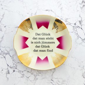 Wandteller Typo Glück Gold Herr Fuchs 19cm Teller vintage Muster Rosa eckig plattdeutsch
