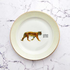 Wandteller Tiger Typo nützt ja nix Herr Fuchs mini 15cm Gold Grün Streifen vintage