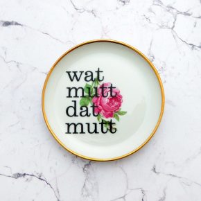 Wandteller Typo wat mutt dat mutt Herr Fuchs mini 10cm Gold Rosa Blumen vintage plattdeutsch