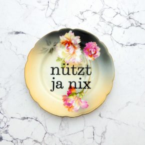 Wandteller Typo nützt ja nix Herr Fuchs mini 13cm Gold Blumen Bunt vintage