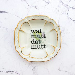 Wandteller Typo wat mutt dat mutt Herr Fuchs mini 10cm eckig Blumen vintage plattdeutsch Gold