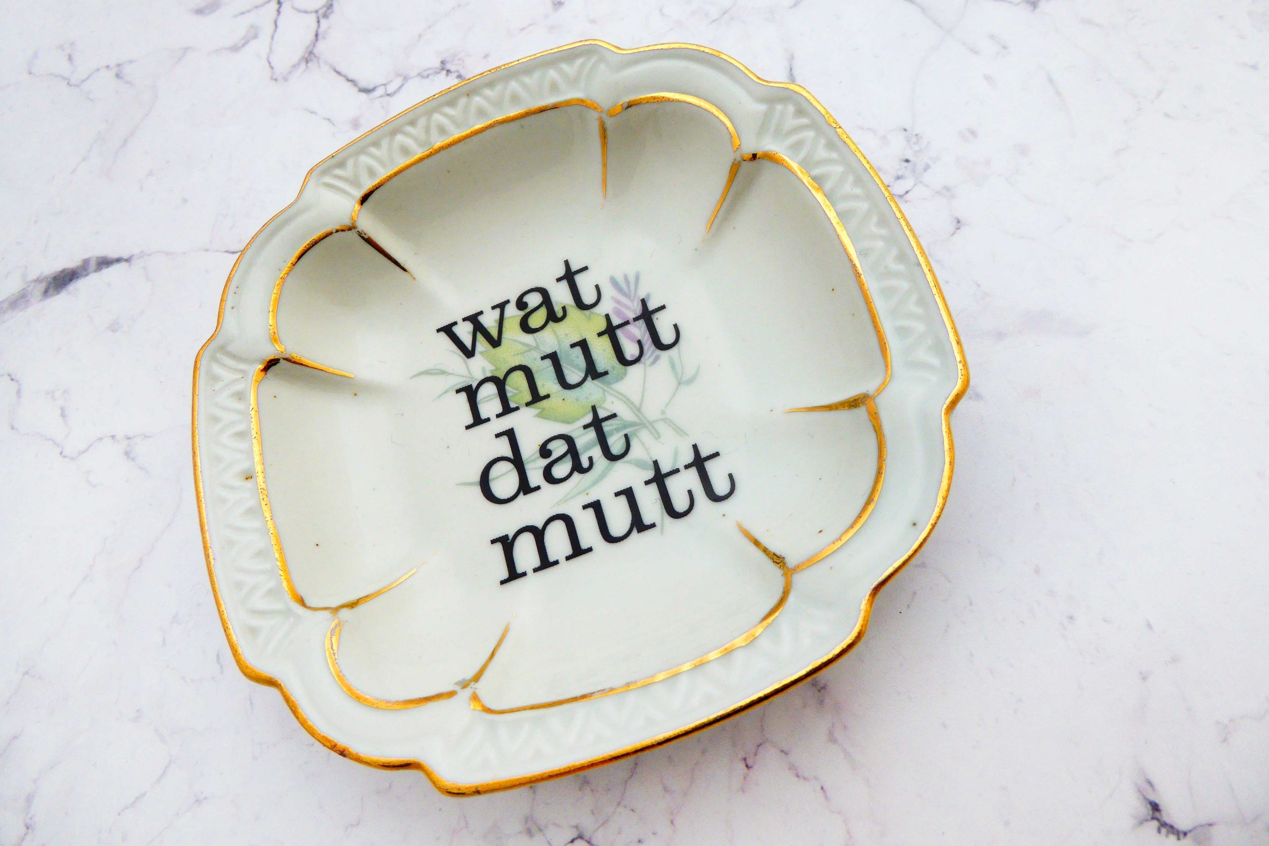 Wandteller Typo wat mutt dat mutt Herr Fuchs mini 10cm eckig Blumen vintage plattdeutsch Gold – Bild 2