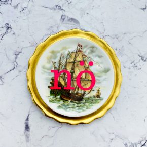 Wandteller Herr Fuchs Typo neonpink nö mini gold Schiff 10cm nein vintage Meer