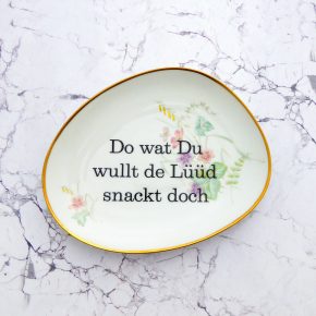 Wandteller Typo Do wat du wullt vintage Herr Fuchs Teller Gold Bunt 20cm Blume plattdeutsch oval