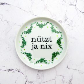 Wandteller Typo nützt ja nix Herr Fuchs mini 10cm Grün Ranke vintage Neon Punkte