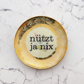 Wandteller Typo nützt ja nix Herr Fuchs mini 10cm Gold Blumen vintage Muster
