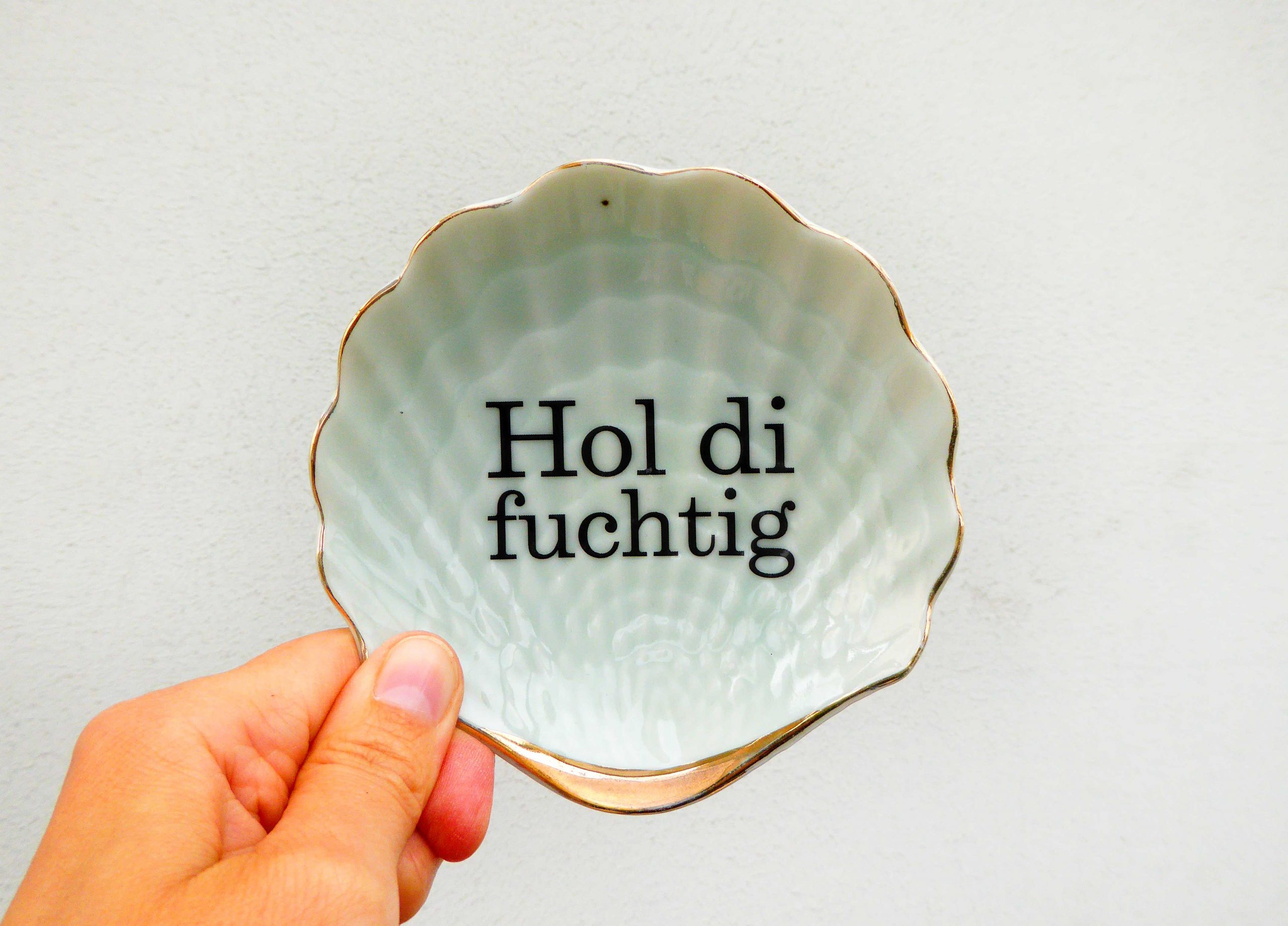 Wandteller Hol di fuchtig Typo Herr Fuchs mini 11cm Gold Mint Muschel plattdeutsch vintage – Bild 2