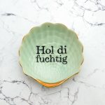 Wandteller Hol di fuchtig Typo Herr Fuchs mini 11cm Gold Mint Muschel plattdeutsch vintage
