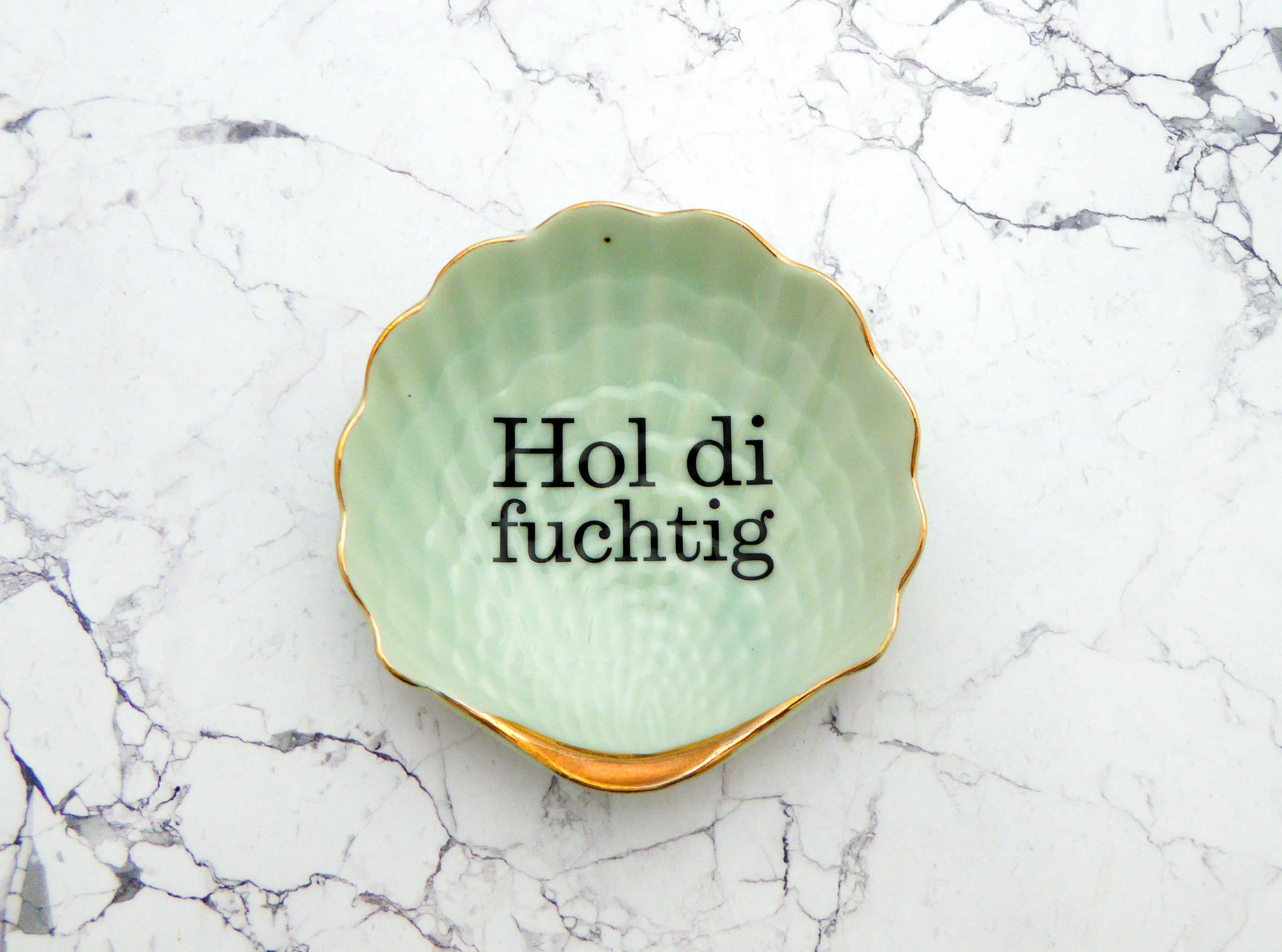 Wandteller Hol di fuchtig Typo Herr Fuchs mini 11cm Gold Mint Muschel plattdeutsch vintage