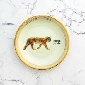 Wandteller Tiger Typo nützt ja nix Herr Fuchs mini 11cm Gold Ringe vintage Streifen