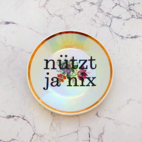 Wandteller Typo nützt ja nix Herr Fuchs mini 11cm Gold Regenbogen irisierend Blumen