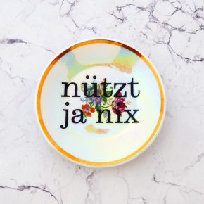 Wandteller Typo nützt ja nix Herr Fuchs mini 11cm Gold Regenbogen irisierend Blumen