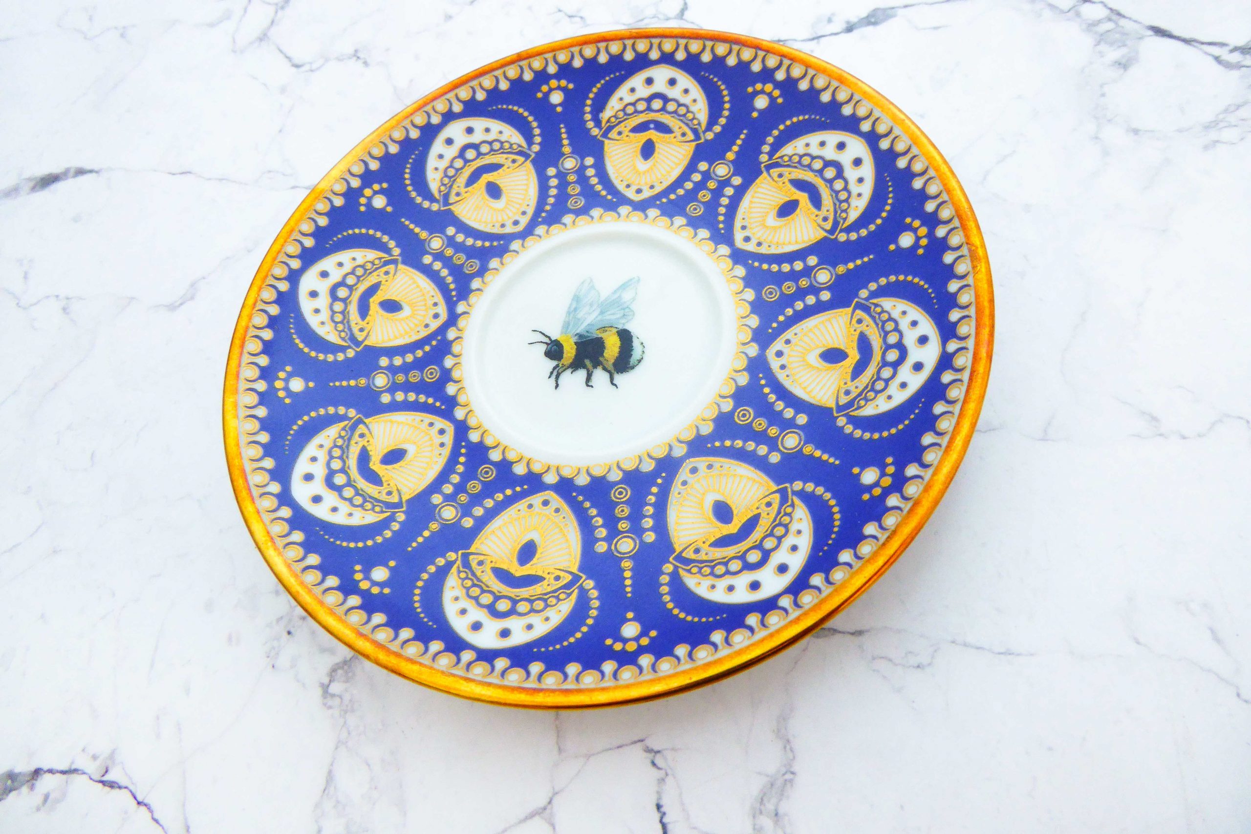 Wandteller Herr Fuchs Wohnen Hummel mini 10cm vintage Blau Gold Muster – Bild 2