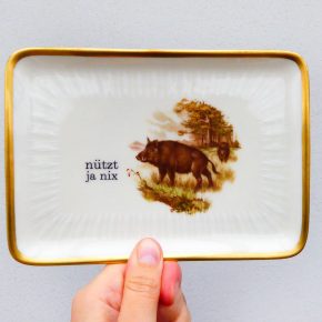 Wandteller Platte Herr Fuchs Typo nützt ja nix 18cm Wildschwein gold vintage