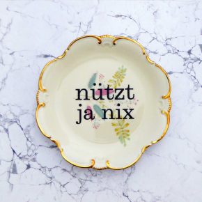 Wandteller Herr Fuchs Typo Nützt ja nix Wohnen 19cm Blumen Bögen Gold Muster vintage
