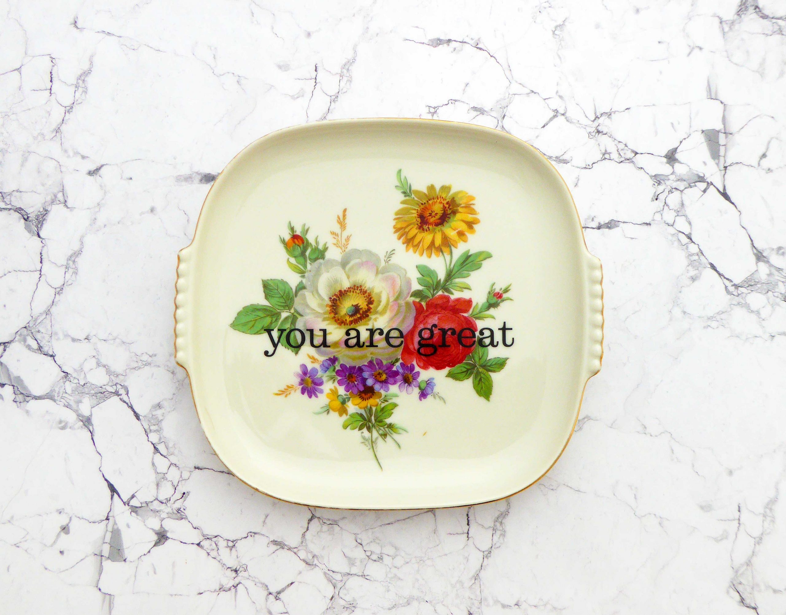 Wandteller Typo you are great Gold Herr Fuchs eckig 19cm Blume vintage Platte