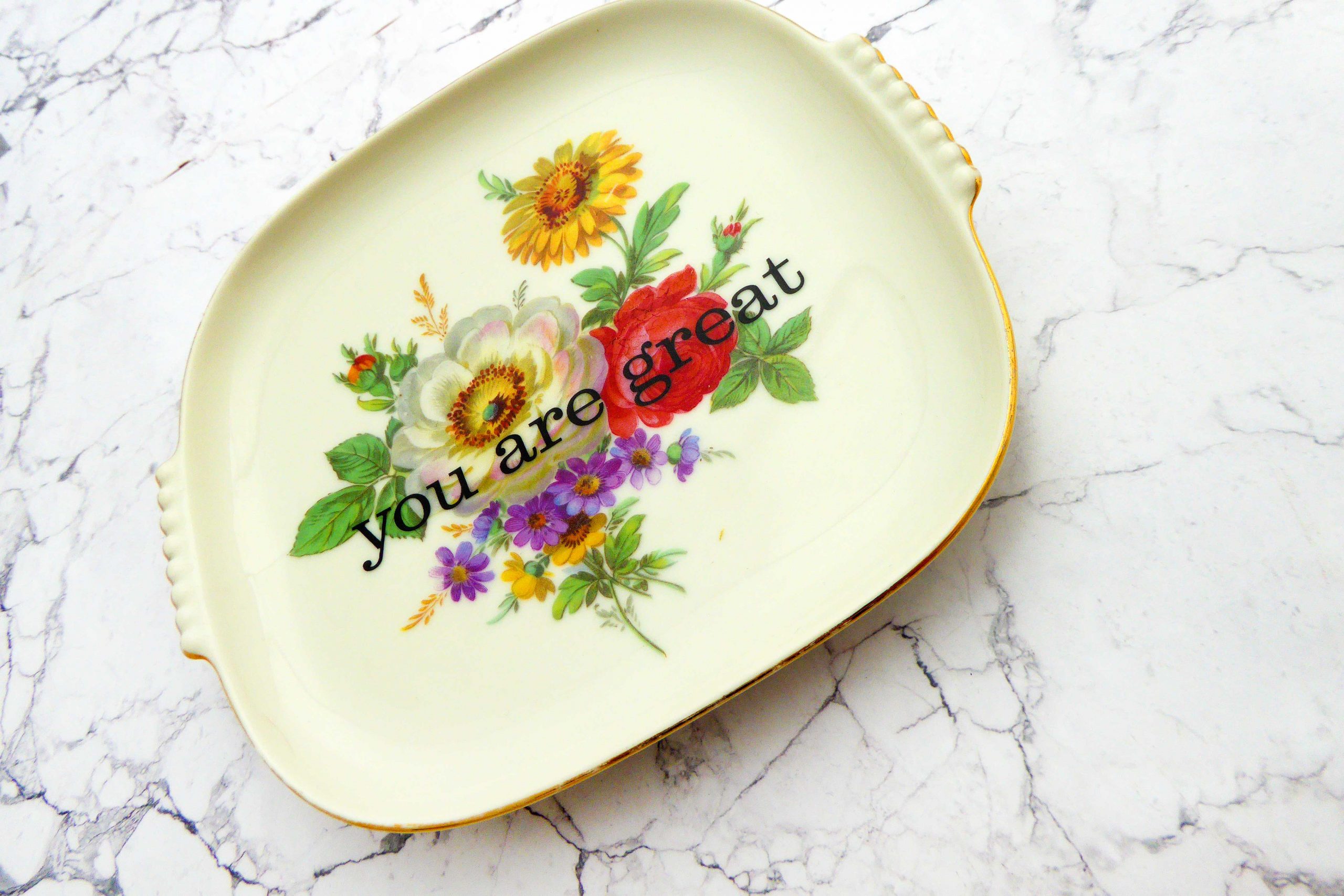Wandteller Typo you are great Gold Herr Fuchs eckig 19cm Blume vintage Platte – Bild 2