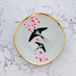 Wandteller Herr Fuchs Schwalbe 20cm neonpink Kleckse vintage Punkte gold eckig